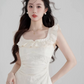 Cream White A-Line Dress, Women's Ruffle Neck Textured Sleeveless Mini Dress R9336