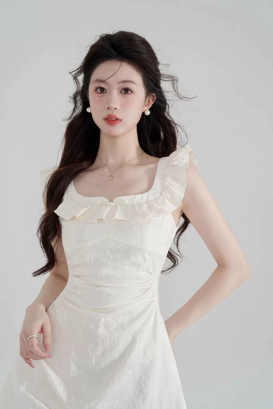 Cream White A-Line Dress, Women's Ruffle Neck Textured Sleeveless Mini Dress R9336
