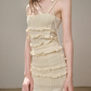 Soft Knit Cream White Dress with Tiered Ruffle Hem, Floral Detail and Form-Fitting Silhouette R9270