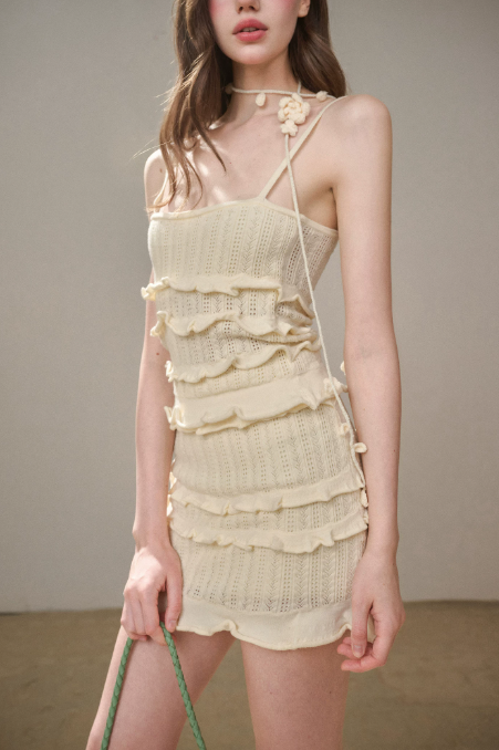 Soft Knit Cream White Dress with Tiered Ruffle Hem, Floral Detail and Form-Fitting Silhouette R9270