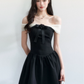 Black And White Off The Shoulder Mini Dress Women With Bow And Rose Detail R9406