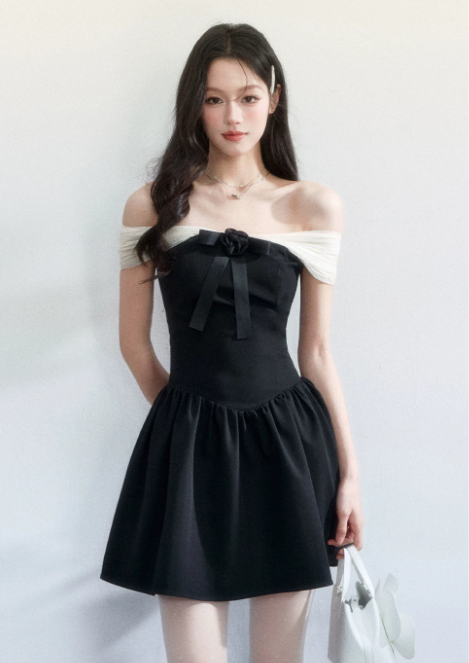 Black And White Off The Shoulder Mini Dress Women With Bow And Rose Detail R9406