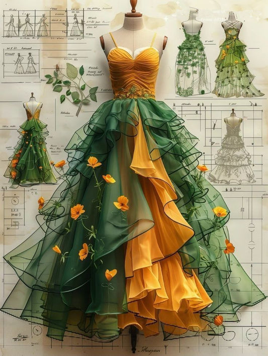 Yellow suspender waist cake design dress, prom dress R5338