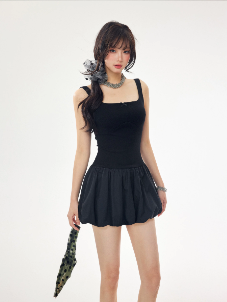 Spaghetti Strap Slim Fit Mini Dress Women Summer Puff Bubble Skirt Cami Dress R9381