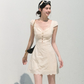 Cream White Eyelet Embroidered Square Neck Mini Dress Women High Waist A-Line Dress R9355