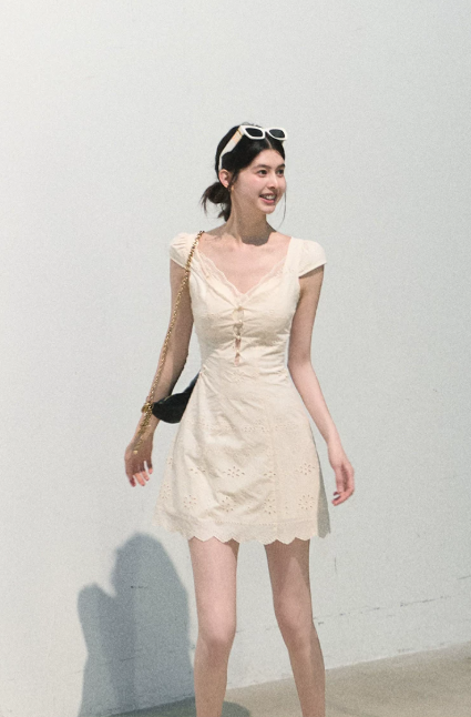 Cream White Eyelet Embroidered Square Neck Mini Dress Women High Waist A-Line Dress R9355