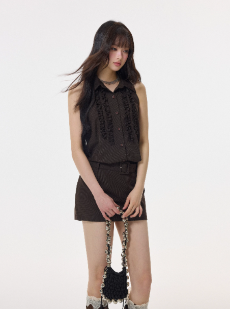 Brown Striped Sleeveless Shirt Dress, Sweet Style With Lace Trim And Belted Waist R9379