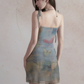 Oil Painting Print Mesh Cami Mini Dress Women With Lace Trim And Tie Straps R9417