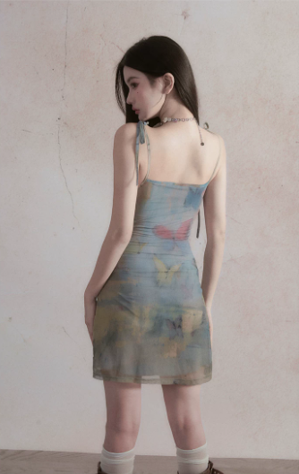 Oil Painting Print Mesh Cami Mini Dress Women With Lace Trim And Tie Straps R9417