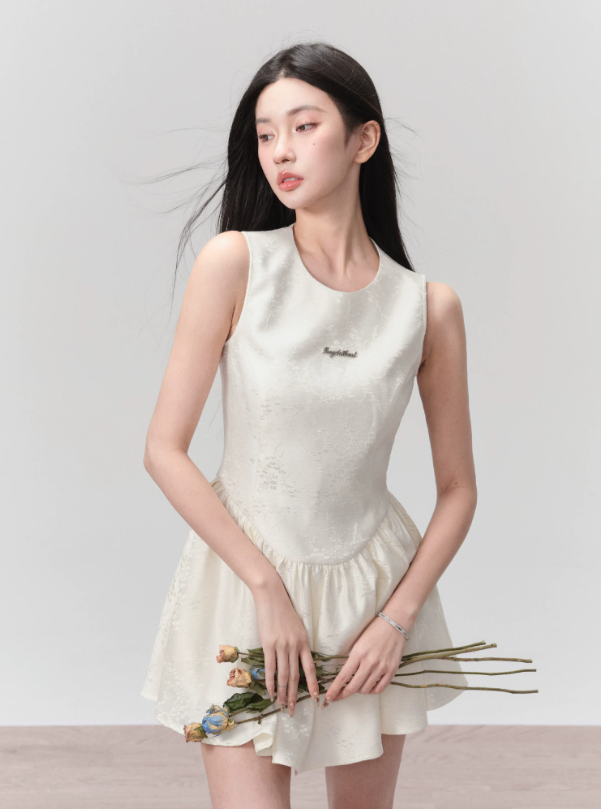 Cream White Sleeveless Jacquard Mini Dress Women With Corset Style Bodice R9450