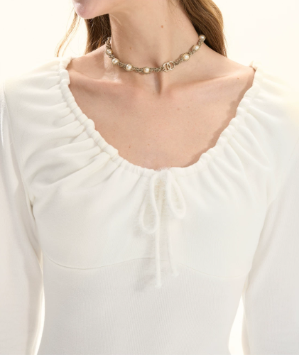 White Long Sleeve Tiered Mini Dress With Ruched Neckline And Bow Detail R9295