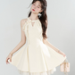 Women's White Halter Neck Mini Dress, Elegant 3D Flower Tiered Tulle Party Dress R9325