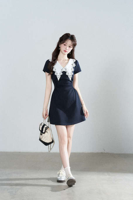 Navy A-Line Dress, Women's Short Sleeve with White Lace Collar and Waist Ruched Mini Dress R9341