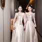 Light grey satin fitted waist elegant ball gown, bridesmaid dress R6110