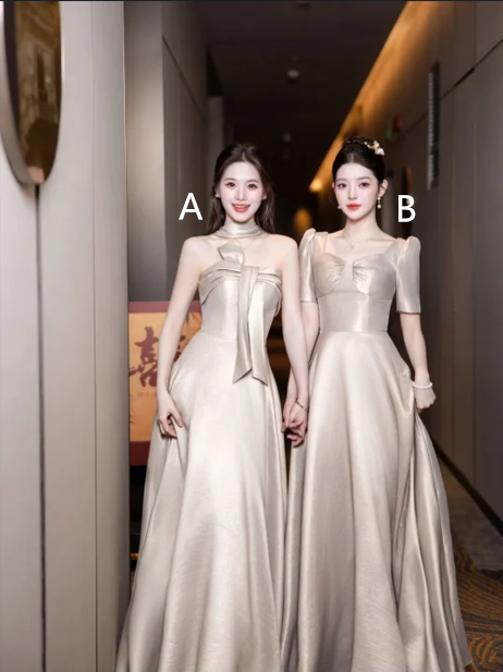 Light grey satin fitted waist elegant ball gown, bridesmaid dress R6110