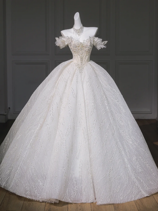 White elegant one-shoulder slim waist puffy skirt long dress bridal dress R5812