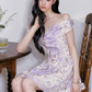 Lavender Floral Print Off The Shoulder Mini Dress Women With Vintage Romantic Style R9403