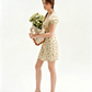 Beige Floral Print Mini Dress Women With Puff Sleeves And Square Neck R9467