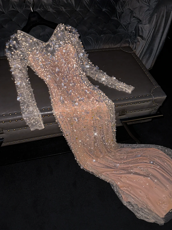 Light pink long-sleeved fitted ball gown, bridal dress R8794