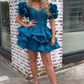 Blue three-dimensional flower waist slim fit puffy princess skirt homecoming dress R5497
