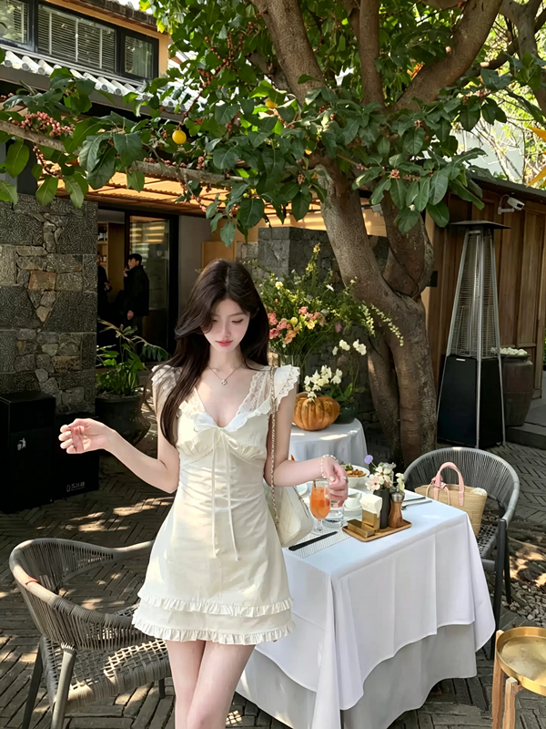 Cream White Sleeveless Bow Front A-Line Dress with Lace Details R9225