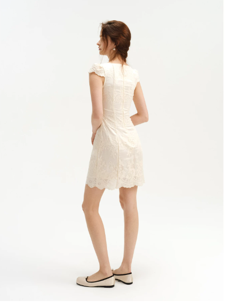White Lace Mini Dress Women With Puff Sleeves And Sweetheart Neck R9459