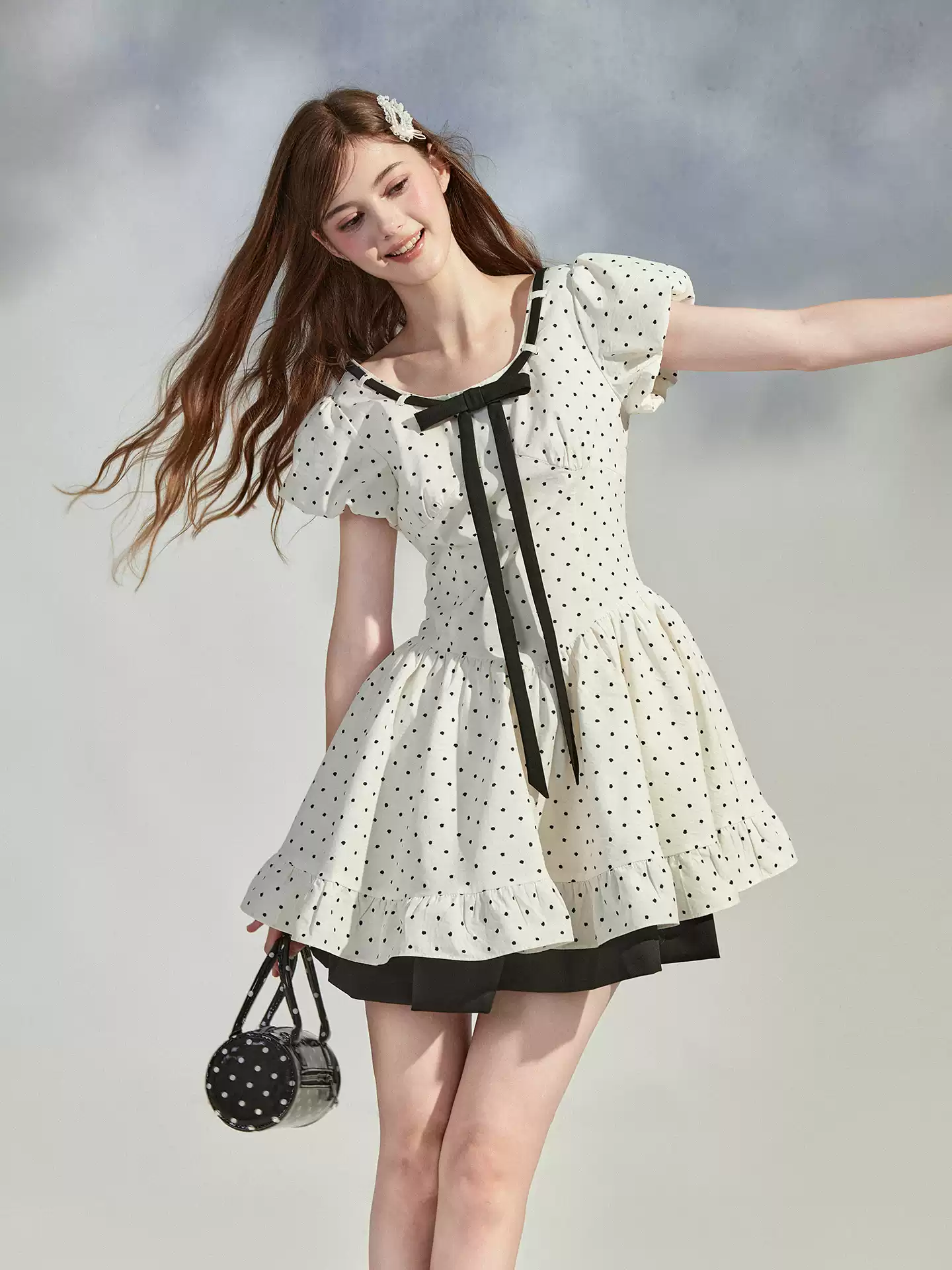 White Polka Dot Mini Dress with Black Bow and Puff Sleeves R9213