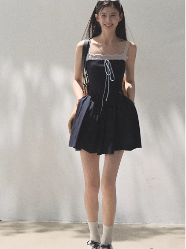 Navy Blue Lace Trim Cami Mini Dress Women Tie Front A-Line Dress R9360