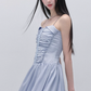 Blue Satin Cami Dress Women With Ruched Bodice And Rhinestone Straps R9444