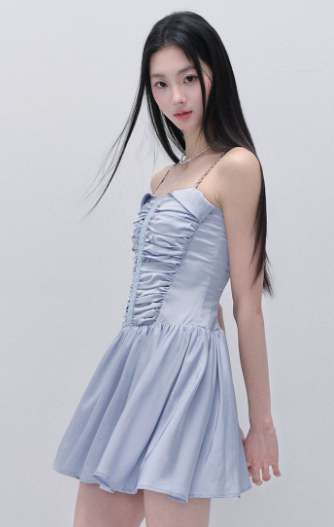Blue Satin Cami Dress Women With Ruched Bodice And Rhinestone Straps R9444