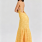Yellow Floral Jacquard Mermaid Maxi Dress with Lace-Up Back R9137