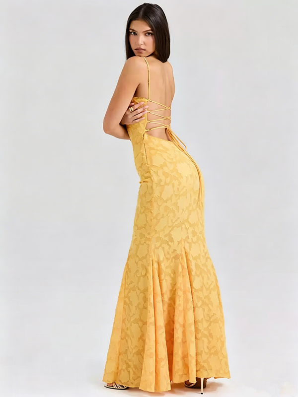 Yellow Floral Jacquard Mermaid Maxi Dress with Lace-Up Back R9137