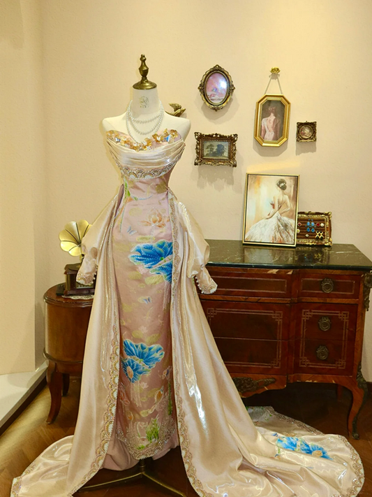 Champagne pink strapless fitted long ball gown R7160