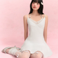 White Halter Mini Dress with Lace V-Neck, Beaded Straps, Smocked Back and Flared Skirt R9254