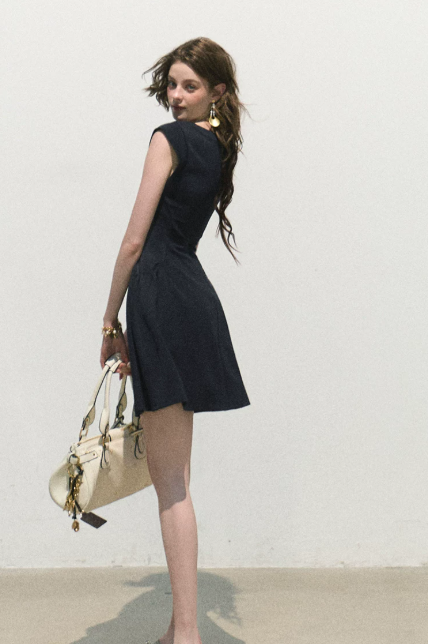 French Style Dark Blue Bodycon Dress High Waist Slim Fit Casual Party Dress R9356