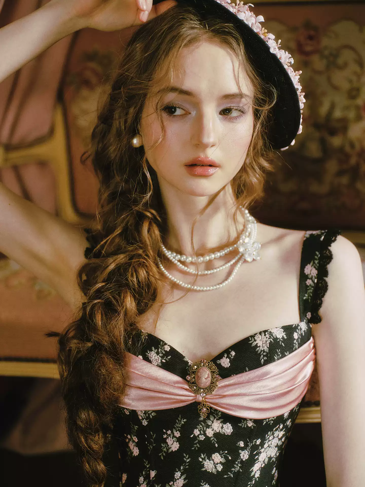 Rococo-Inspired Bustier Dress with Floral Print & Bubble Skirt R9203