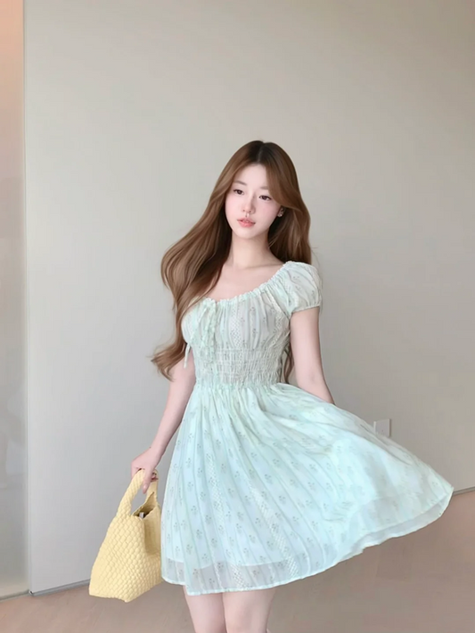 Light blue short-sleeved slim-waist A-line skirt R5031