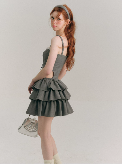 Gray Corset Mini Dress with Lace Trim, Bow Detail, Tiered Ruffle Skirt and Waist Cutout R9271
