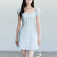 Light Blue Eyelet Embroidery Mini Dress Women With Lace Trim And Bow Detail R9405