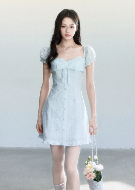 Light Blue Eyelet Embroidery Mini Dress Women With Lace Trim And Bow Detail R9405