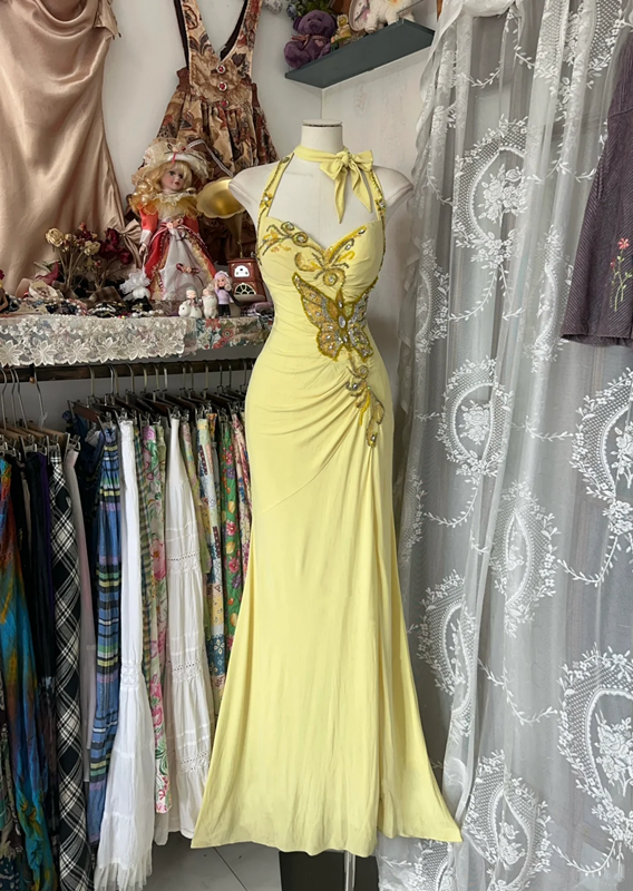 Yellow halter-neck fitted mermaid skirt ball gown R6368