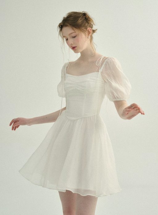 White Tulle Mini Dress Women With Puff Sleeves And Square Neck R9484