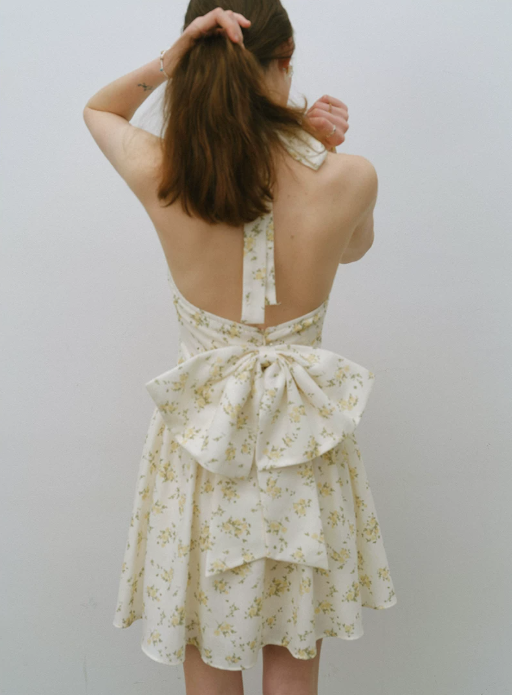 Beige Floral Print Halter Neck Mini Dress Women With Large Bow Detail R9485