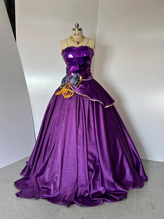 Purple halter-neck, fitted waist, full skirt, long ball gown R8369