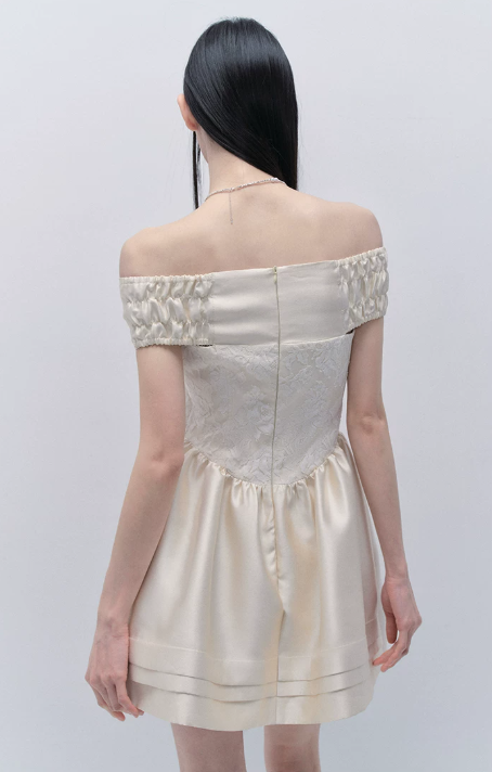 Cream Off The Shoulder Mini Dress Women With Lace Bodice And Satin Skirt R9426