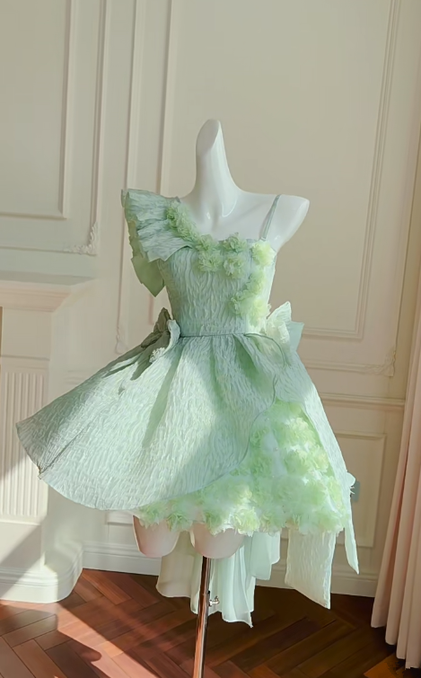 Green asymmetrical suspenders waist slim fit puffy princess skirt homecoming dress R5037