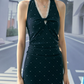 Navy Blue Polka Dot Halter Neck Mini Dress Women Lace Trim Bodycon Dress R9351