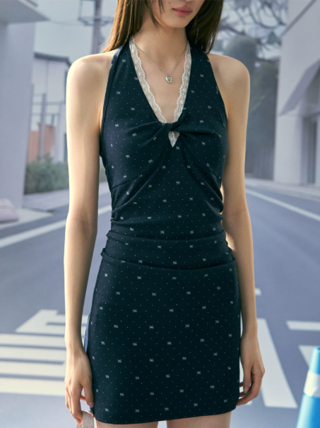 Navy Blue Polka Dot Halter Neck Mini Dress Women Lace Trim Bodycon Dress R9351