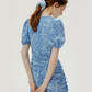 Blue Floral Print Bodycon Mini Dress Women With Ruched Front And Puff Sleeves R9482