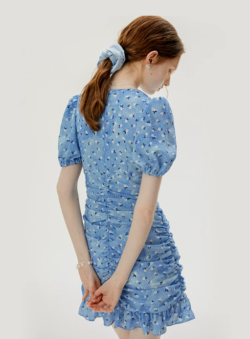 Blue Floral Print Bodycon Mini Dress Women With Ruched Front And Puff Sleeves R9482